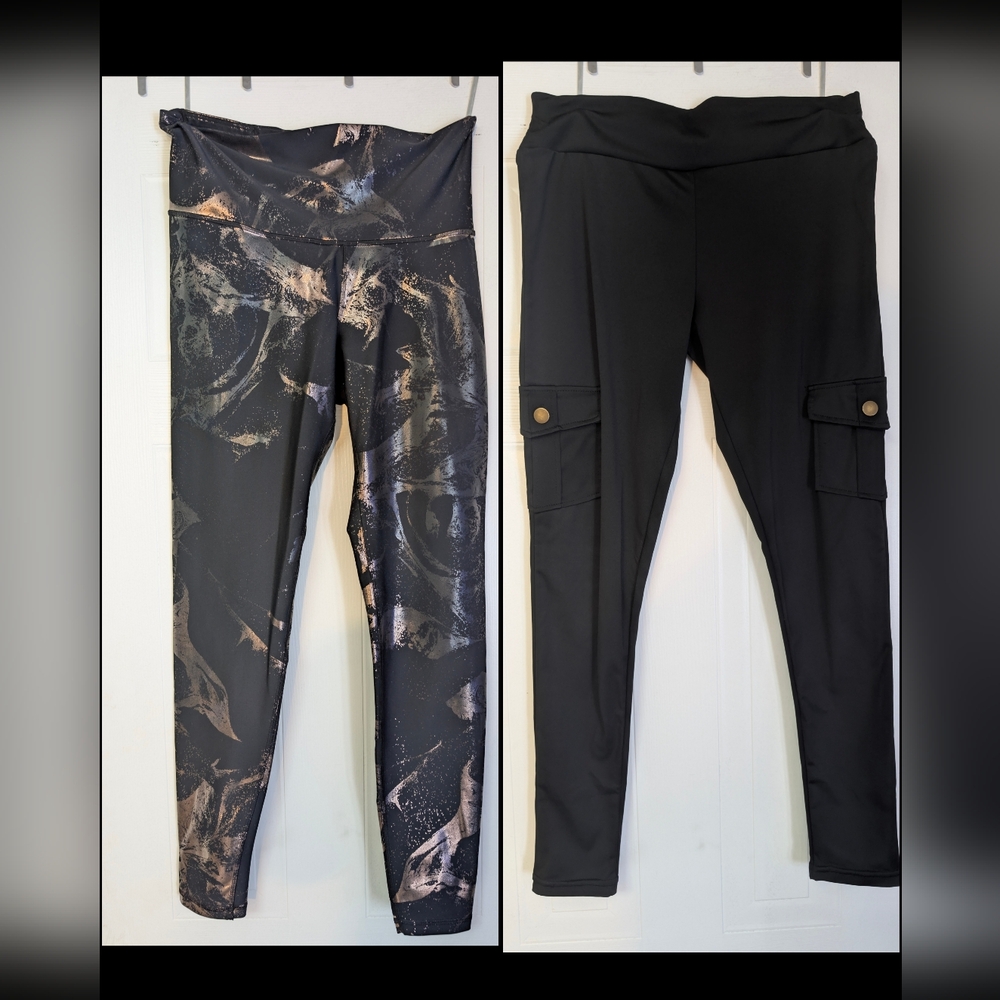Set Of 2 Old Navy Shimmer Black Cargo Pants Utility Leggings Athletic Metallic